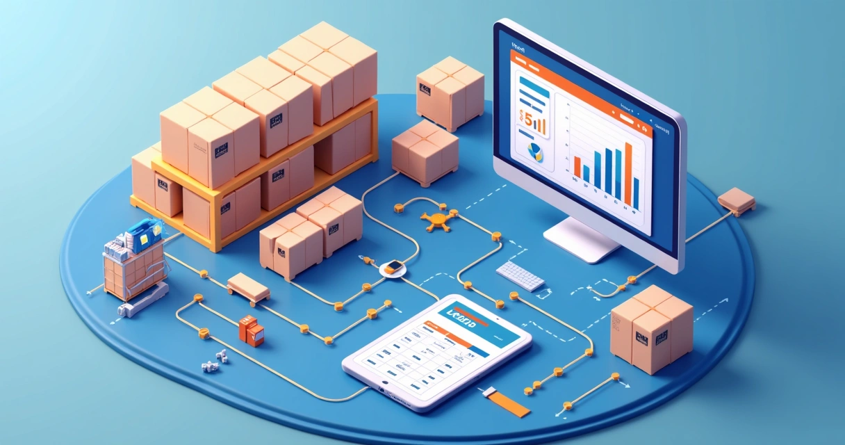 Fluxo de dados integrando pedidos e estoque, ilustrações mostrando tablets, caixas e gráficos em azul e laranja. 