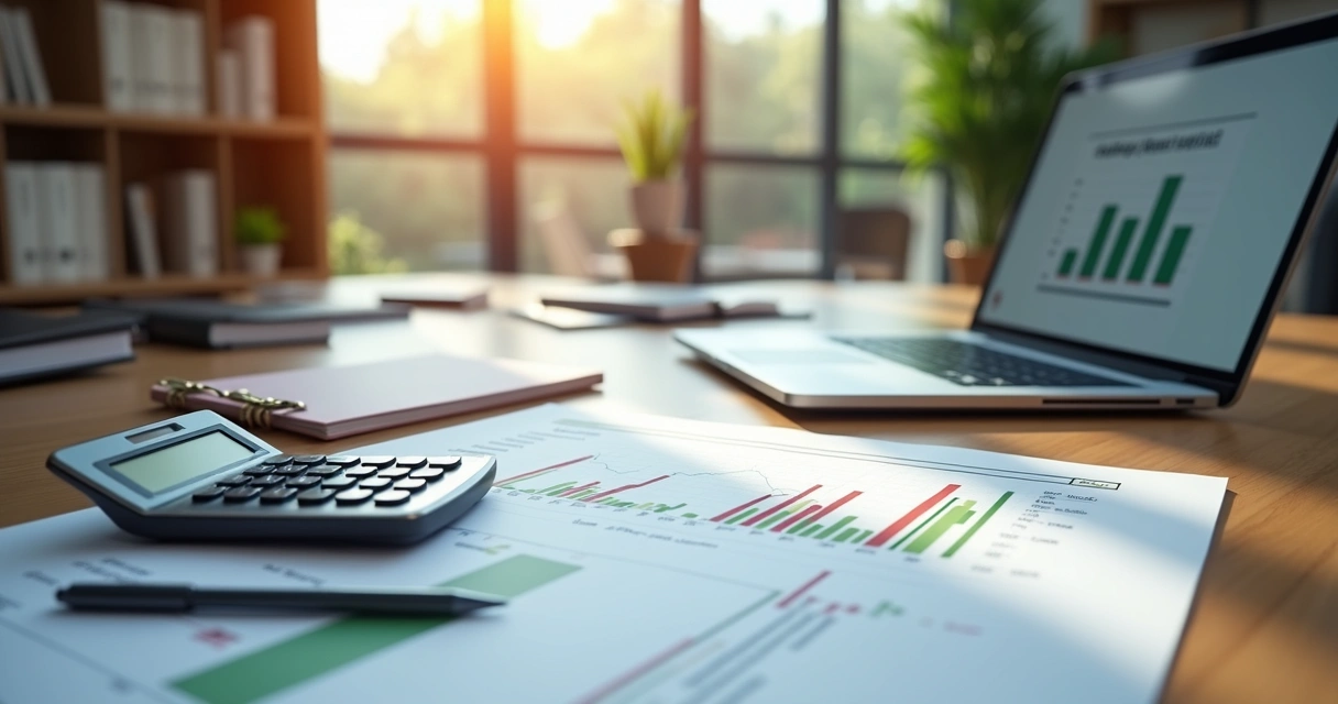 Mesa de escritório com plano financeiro aberto mostrando gráfico de fluxo de caixa, calculadora, computador e anotações organizadas em ambiente corporativo 