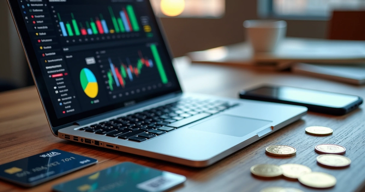 Mesa com laptop mostrando gráficos financeiros, cartões de crédito, smartphone com aplicativo de pagamento e moedas digitais ao redor 