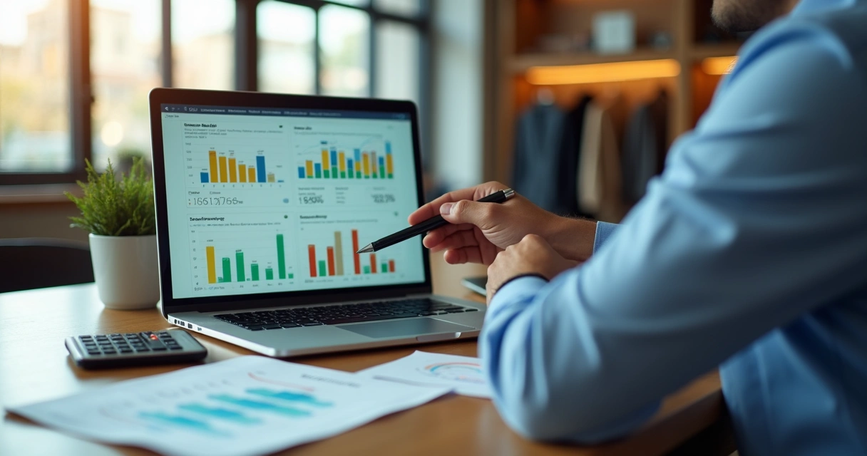 Gestor analisando fluxo de caixa em laptop com gráficos financeiros coloridos 