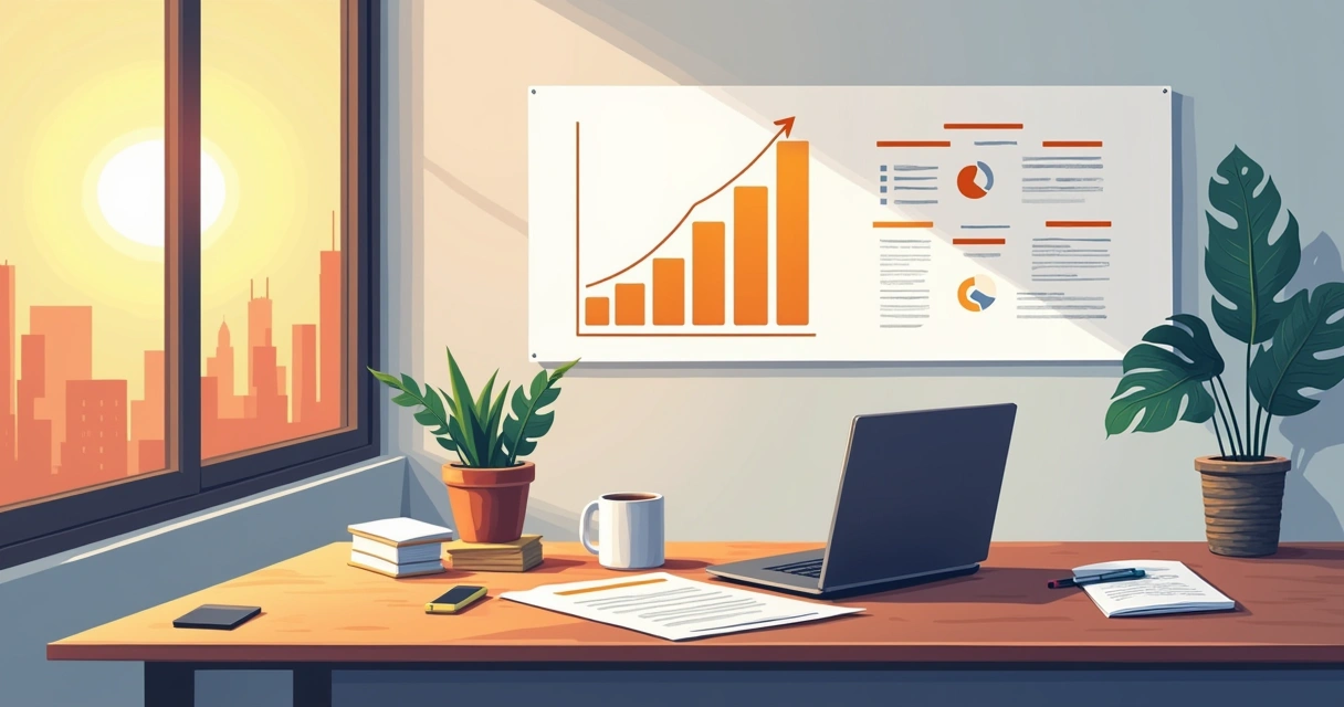 Escritório moderno com laptop exibindo gráficos de fluxo de caixa, documentos e skyline ao fundo.
