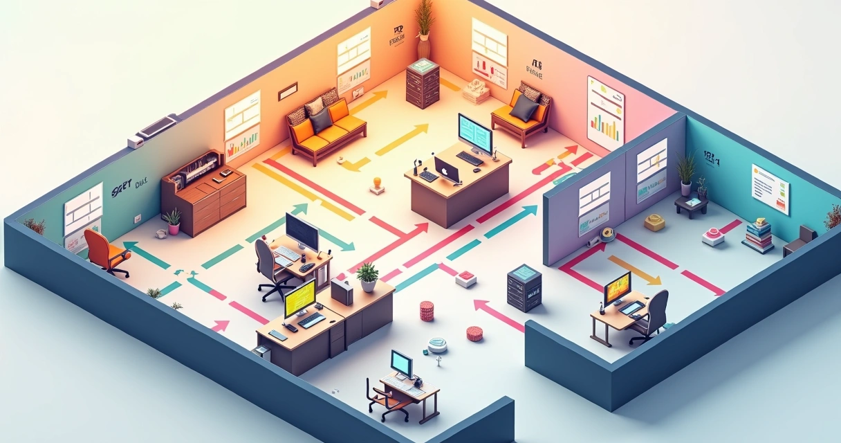 Diagrama simplificado mostrando o fluxo de dados em setores de uma pequena empresa 