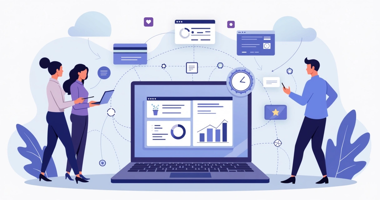 Ilustração corporativa mostrando fluxo de faturamento em SaaS com gráficos, dispositivos e equipe técnica 
