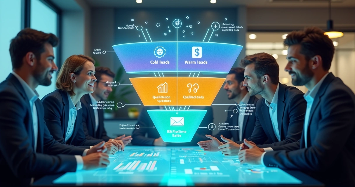 Fluxo de leads em funil de vendas com etapas de captação, qualificação e conversão 