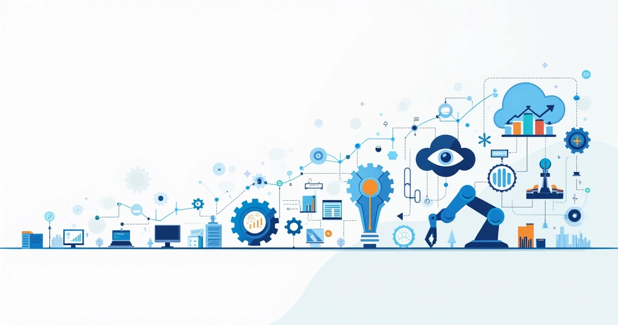 Ilustração corporativa mostrando um fluxo do processo tecnológico até a automação com ícones de tecnologia, gráficos e robôs 