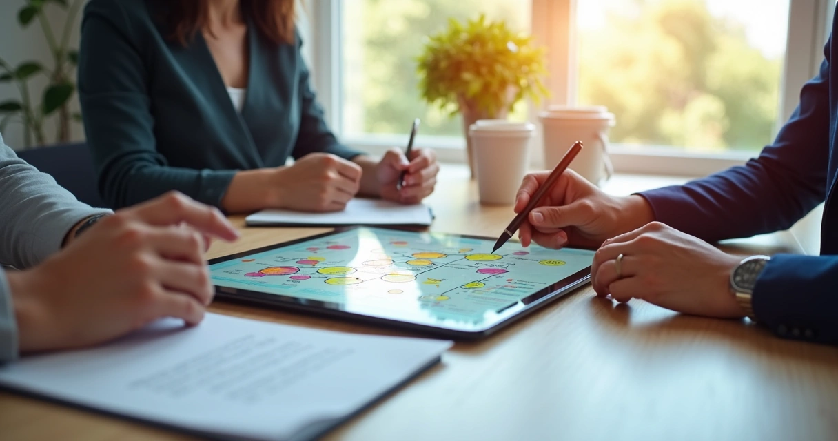 Diagrama digital mostrando diferentes etapas do fluxo de trabalho em uma tela