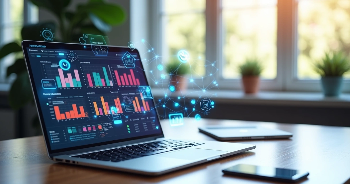 Mesa de trabalho moderna com laptop, papéis, e gráficos digitais flutuando mostrando análise de fluxo de trabalho para inteligência artificial 