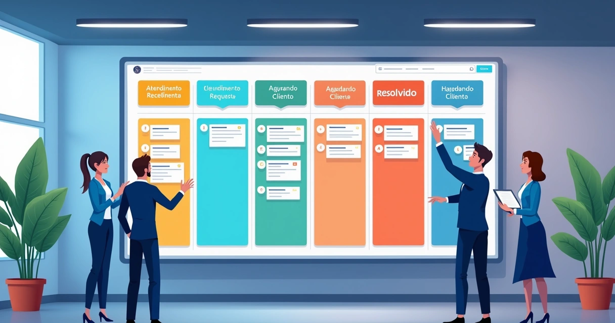 Quadro Kanban com fluxos de atendimento 
