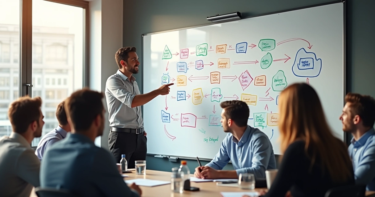 Fluxo de trabalho desenhado em quadro branco, com setas e símbolos coloridos 