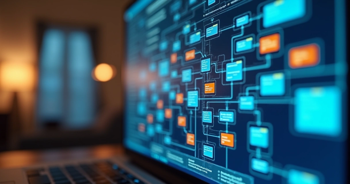 Detalhe visual de um fluxo de trabalho automatizado com nodes integrando e-mails, banco de dados e notificações, na interface gráfica do N8N. 