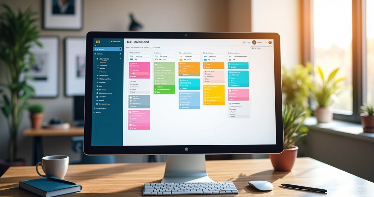 Tela de computador mostrando quadro Trello com listas e cartões coloridos organizados em fluxo Kanban 