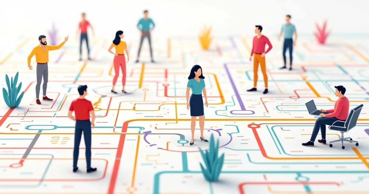 Fluxo colorido conectando pessoas e decisões em uma empresa 