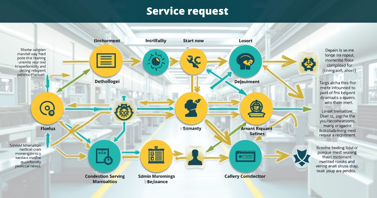 Representação visual de um fluxo de solicitação industrial com setas e indicadores 