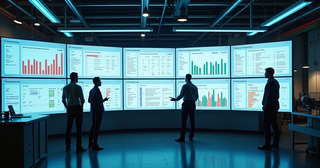 Fluxo digital de gestão de demandas industriais em um dashboard colorido 