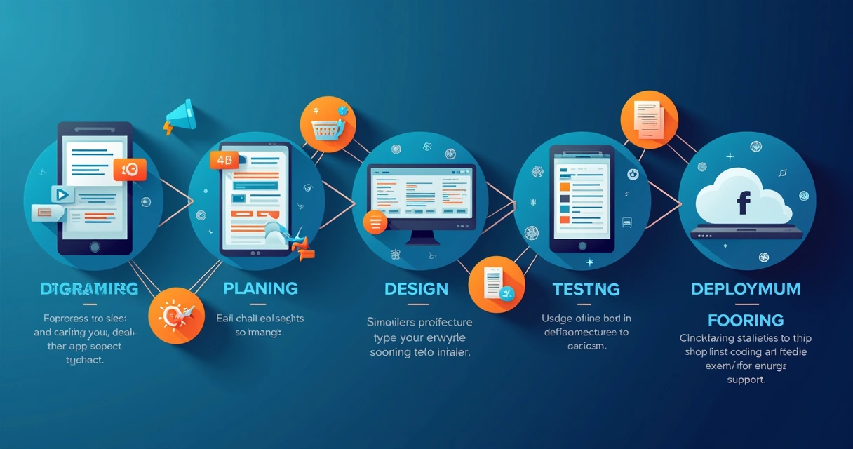 Fluxograma com etapas detalhadas do desenvolvimento e implantação de aplicativos. 