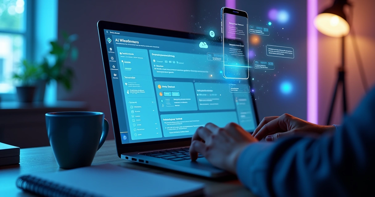 Fluxo visual de criação de software com IA em notebook e painéis