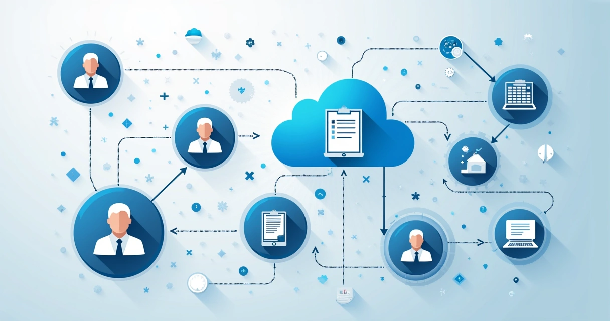 Fluxo de trabalho digital em advocacia com ícones conectando advogados, documentos e nuvem 