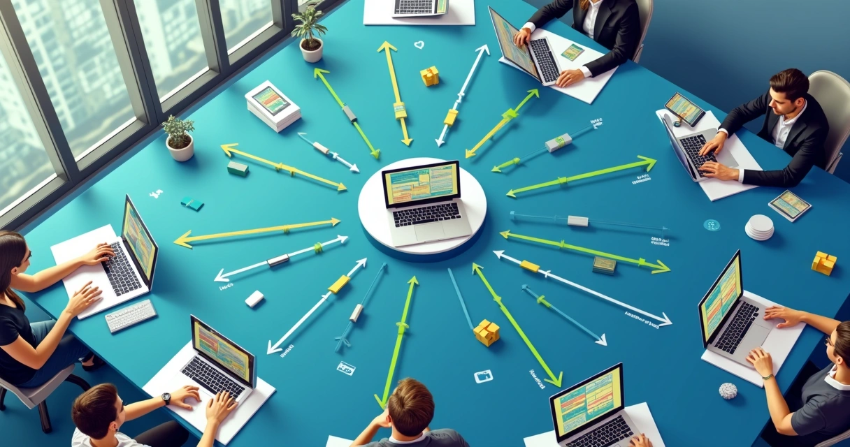 Diagrama digital com setas entre áreas e ícones de tecnologia