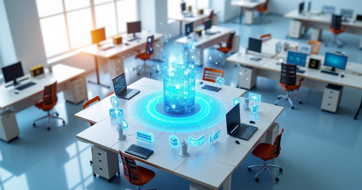 Fluxo digital otimizado em empresa, com setas e ícones digitais conectando setores 