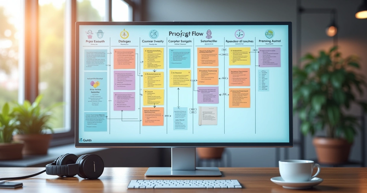 Quadro digital mostrando fluxo de etapas de um projeto na Guilds 