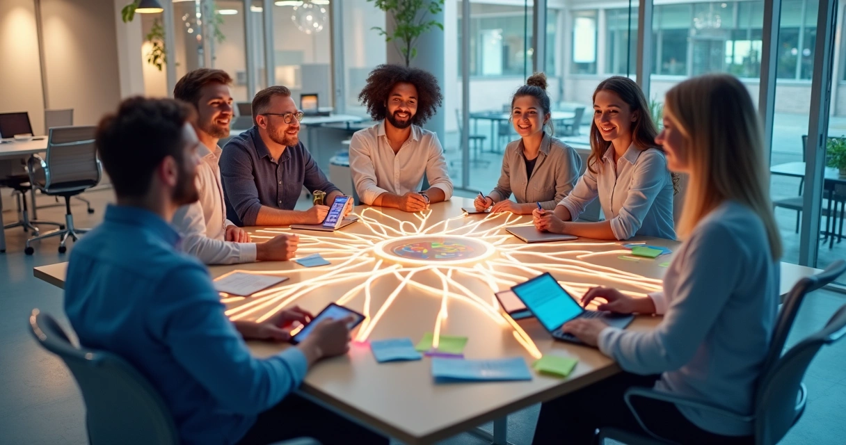 Dinâmica visual de equipe interagindo em rede colorida 