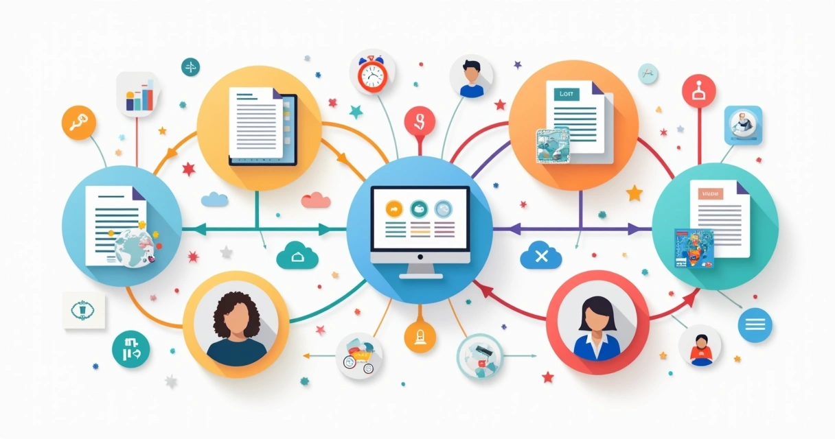 Fluxograma colorido com documentos fiscais conectando setores e sistemas 