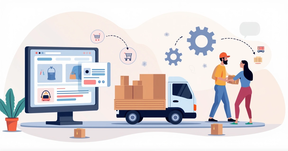 Ilustração corporativa flat mostrando o fluxo de dropshipping com loja virtual, fornecedor, e entrega automática 