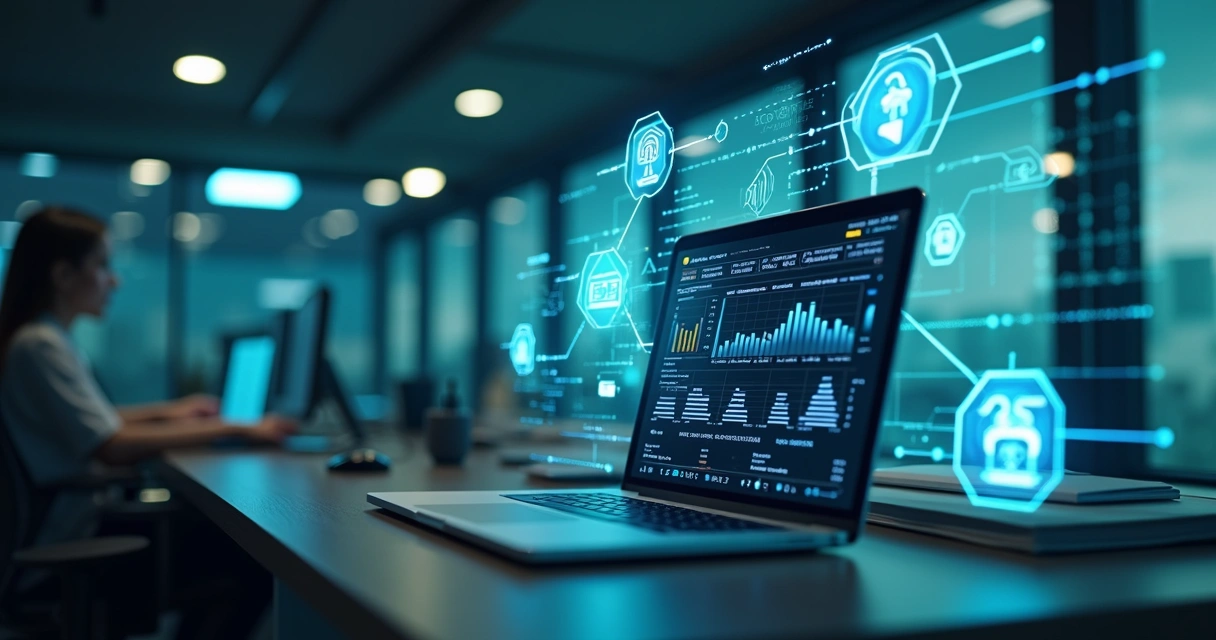 Fluxo de emissão de nota fiscal eletrônica via API em ambiente digital com interface de sistema e gráficos de status em fundo tecnológico