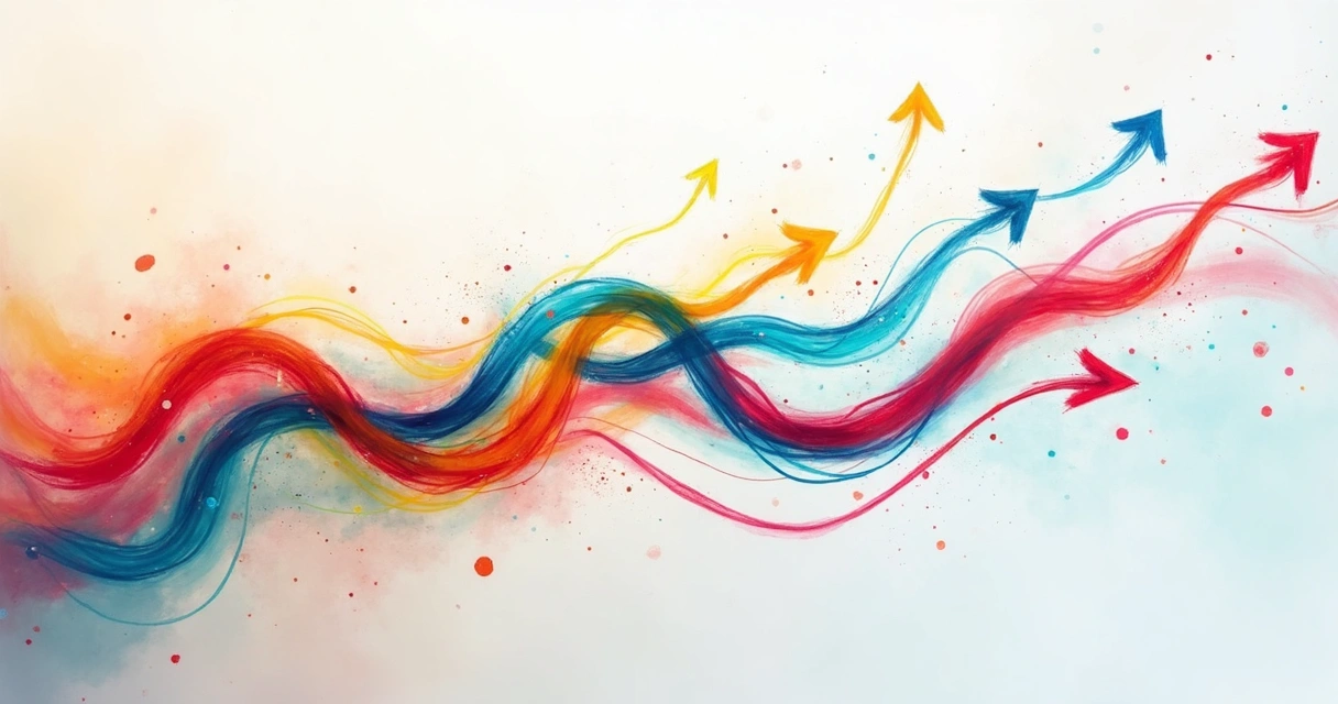 Fluxo de setas coloridas representando emoções e pensamentos interligados. 