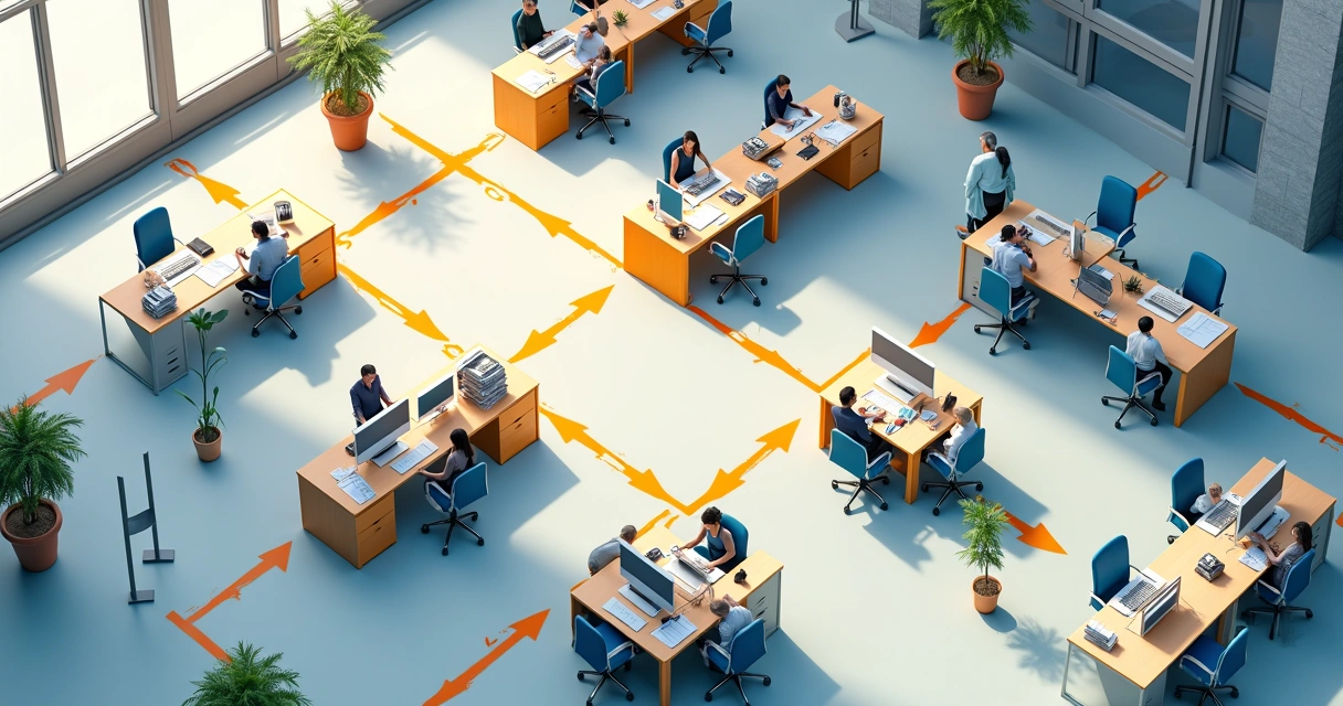 Fluxo de comunicação entre setores empresariais representado visualmente 