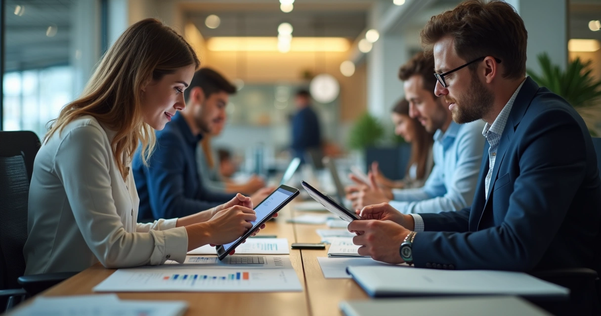 Colegas de escritório reunidos, trocando documentos digitais em tablets e notebooks 
