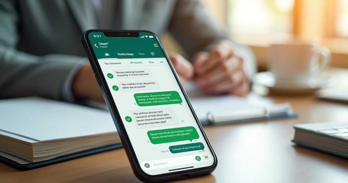 Tela de celular com fluxo de envio de documentos no WhatsApp 