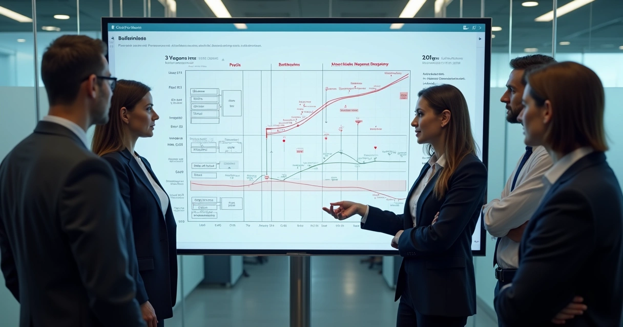Equipe analisando fluxo de trabalho em quadro digital 