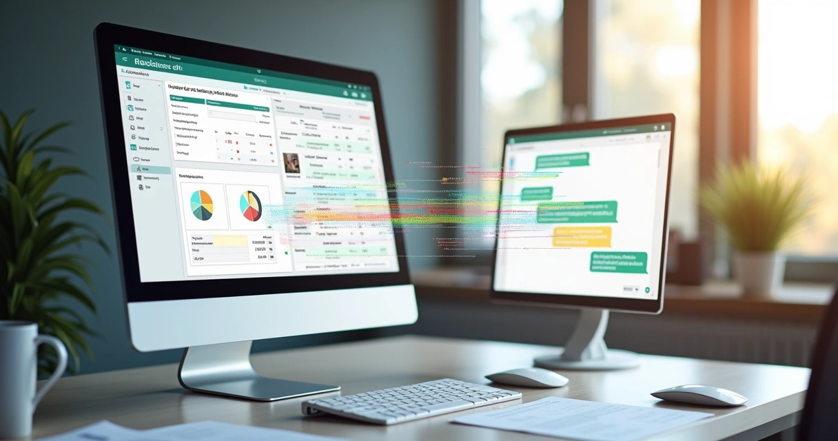 Fluxo de dados entre ERP e WhatsApp em tela de computador 
