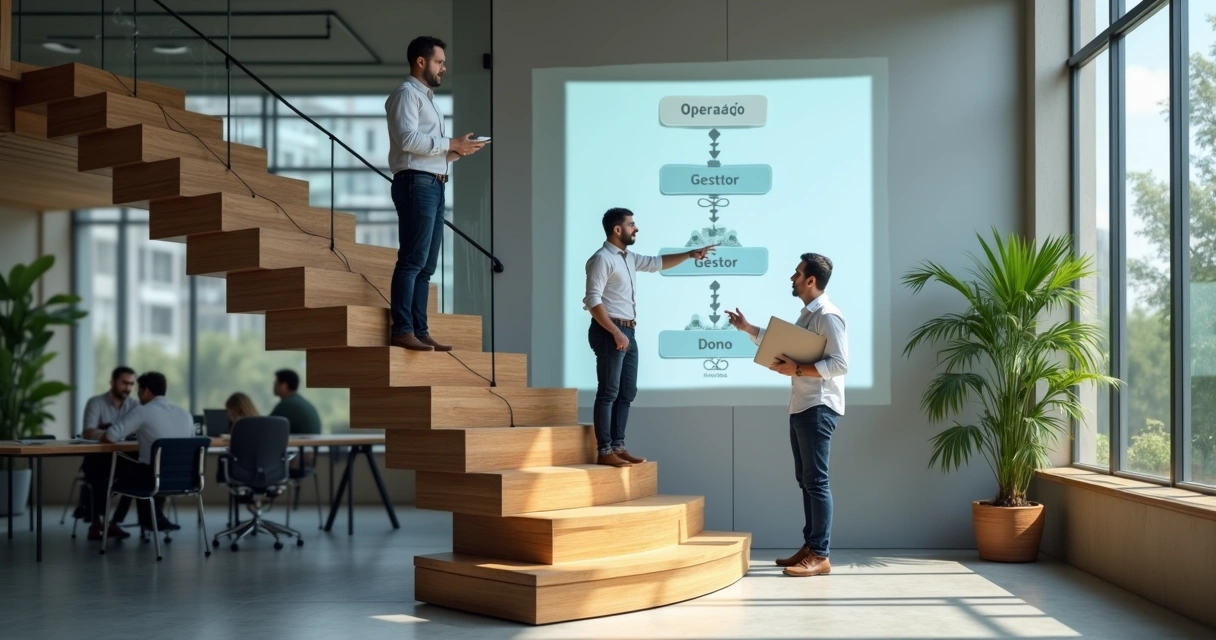 Empresário em escada visual supervisando níveis de decisão em camadas 