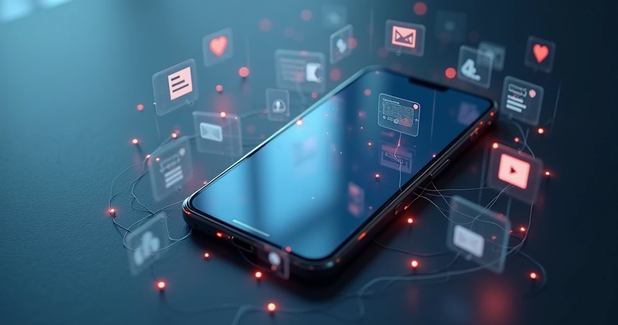 Tela de celular cercada por ícones e notificações flutuantes