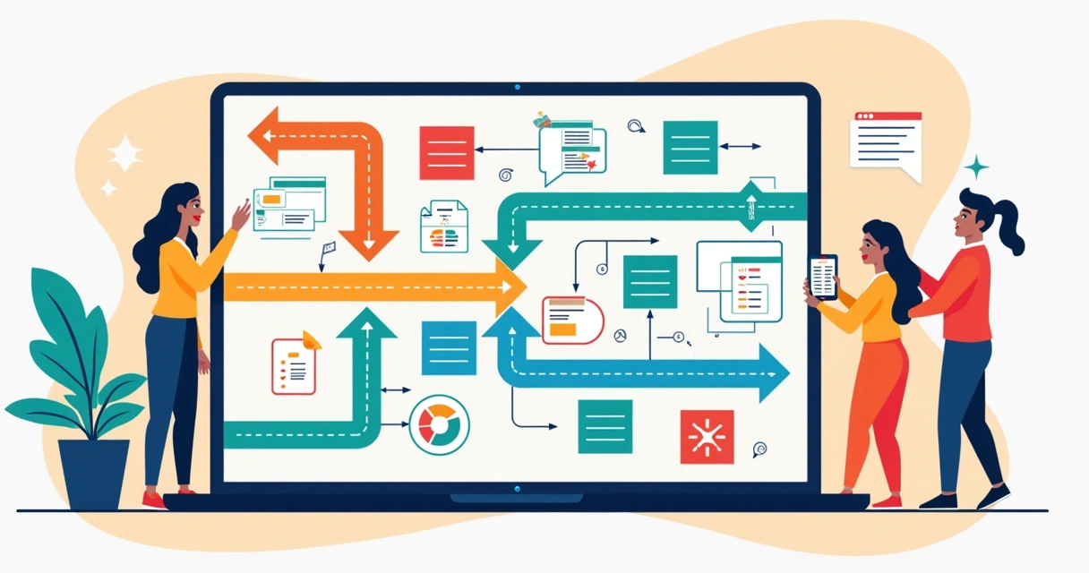 Fluxograma colorido mostrando as fases de planejamento, produção e publicação de conteúdo. 