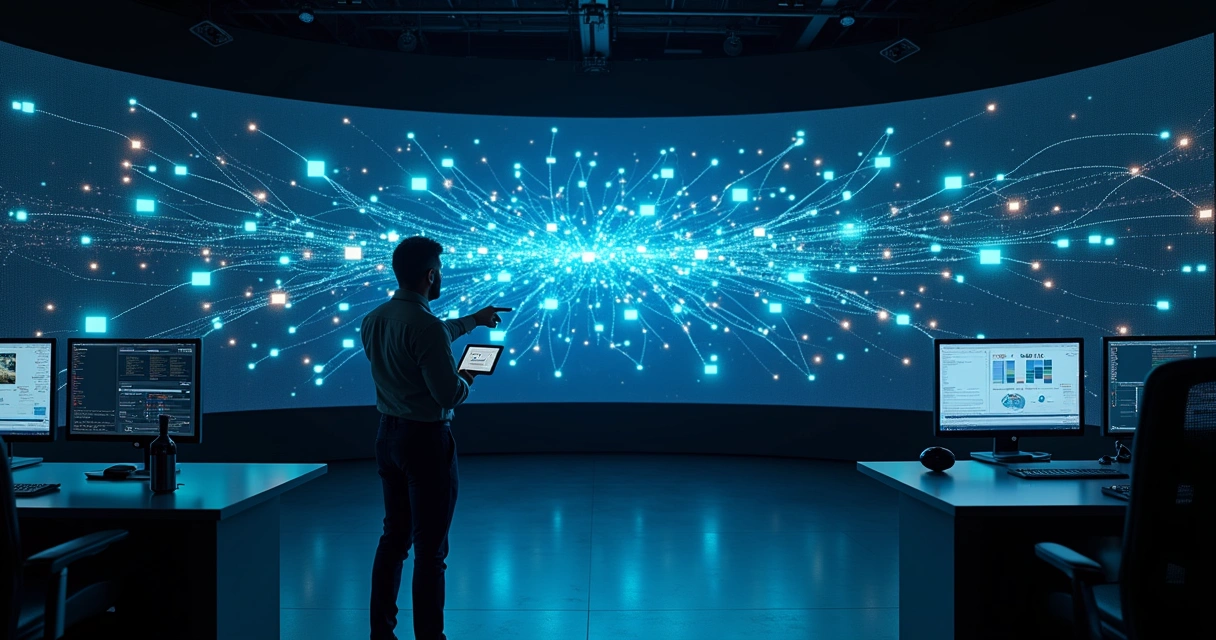 Painel futurista exibindo rede de eventos de dados em tempo real 