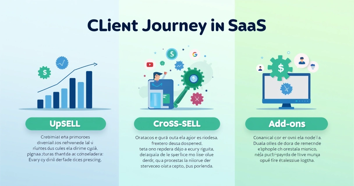 Fluxo visual de expansão de clientes SaaS mostrando etapas de upsell, cross sell e add-ons
