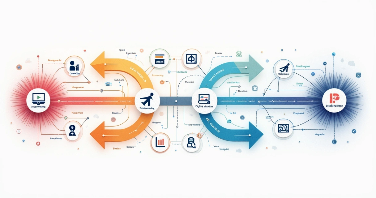 Fluxo mostrando integração entre marketing, vendas e experiência do cliente 