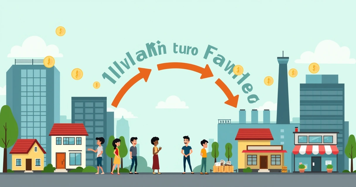 Ilustração de famílias e empresas trocando trabalho, salários e consumo