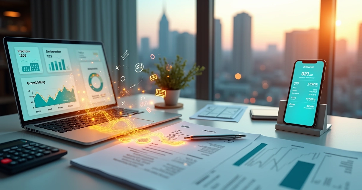 Fluxo de faturamento ilustrado em camadas com dinheiro físico e digital 
