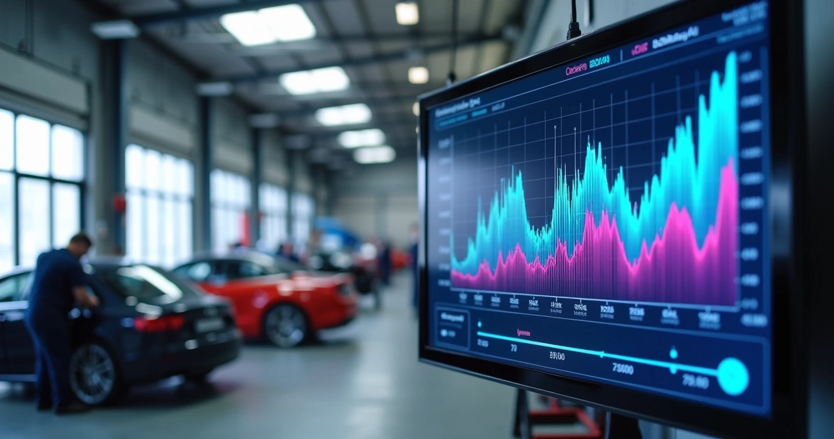 Painel digital com gráficos de faturamento oscilante em oficina mecânica moderna 