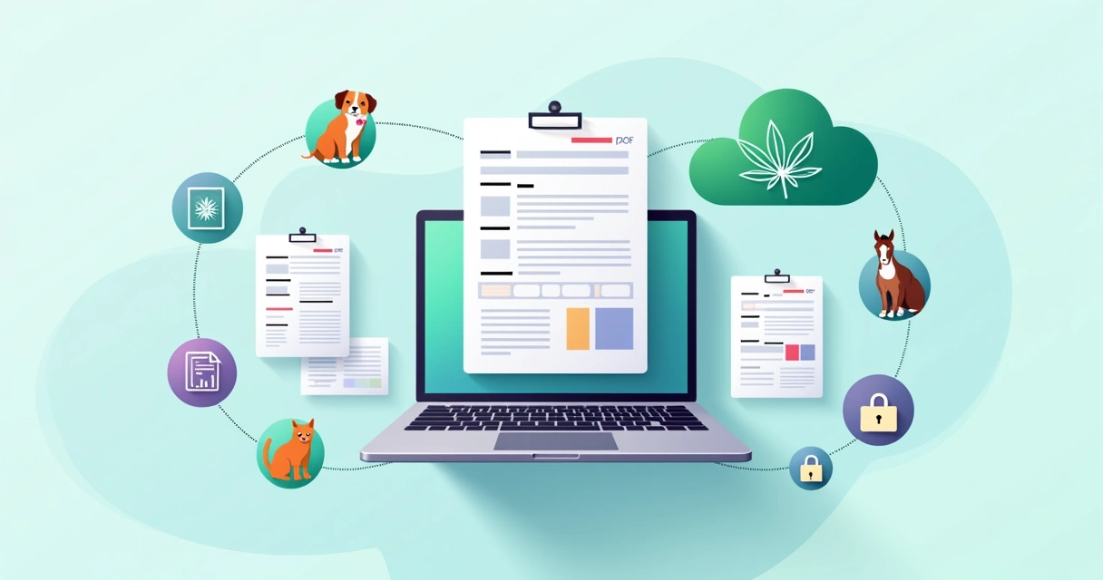 Fluxo visual de ficha anestésica veterinária em PDF e versão digital no centro de diagnóstico em cor flat 