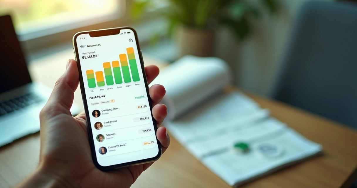Tela de aplicativo financeiro mostrando fluxo de caixa e categorias de gastos 