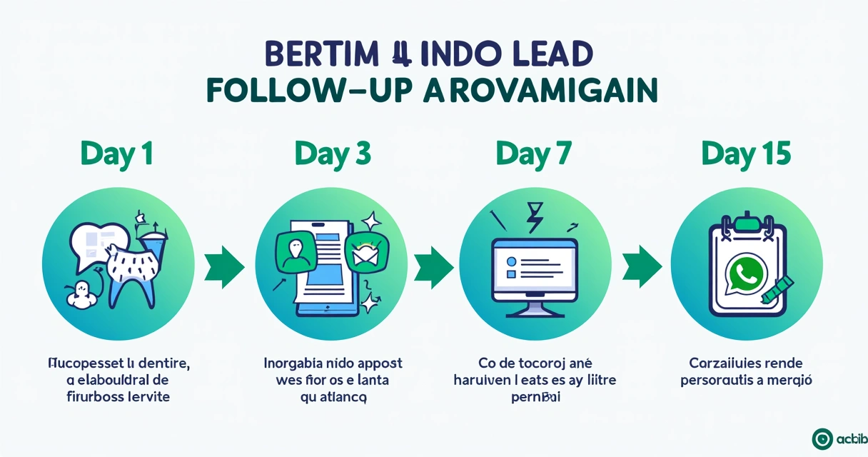Fluxograma ilustrando etapas do follow-up de leads odontológicos: D+1, D+3, D+7 e D+15, com balões de mensagens e ícones de WhatsApp 