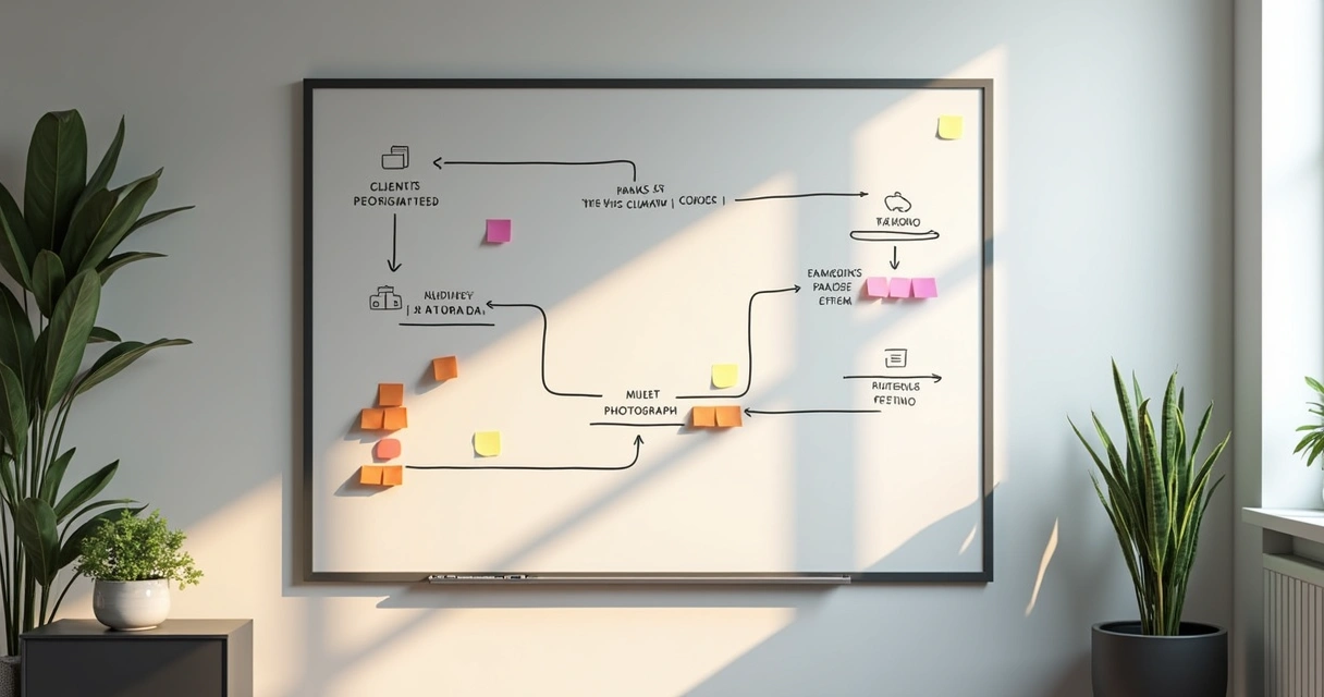 Fluxo visual de trabalho fotográfico em quadro branco de estúdio 