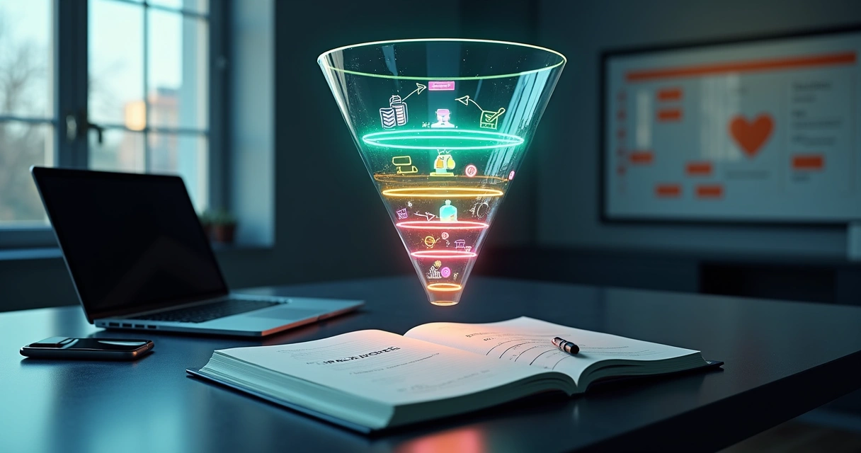 Funil de vendas digital com jornada de clientes B2B passando por etapas até contratos fechados 