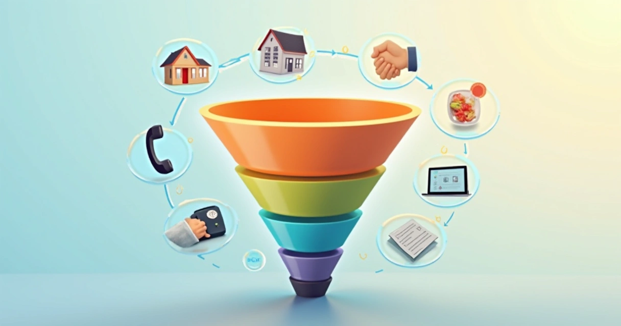 Diagrama colorido ilustrando o fluxo do funil de atendimento em uma imobiliária 