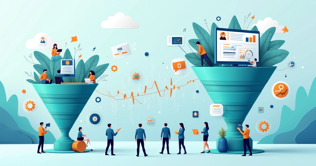 Fluxo ilustrado de um funil de vendas com contatos, CRM e etapas do pipeline 